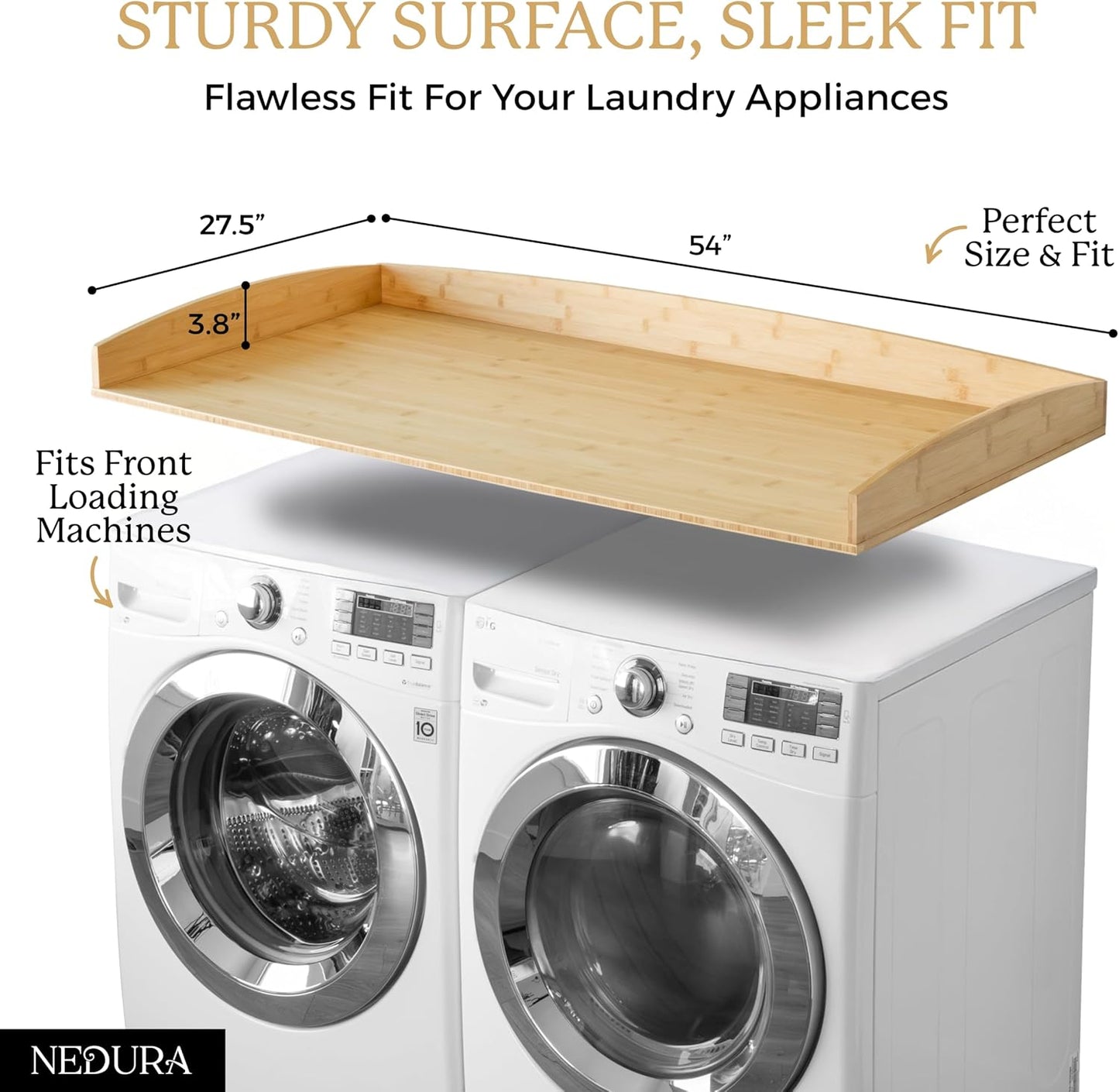 Nedura Washer Dryer Countertop with Anti-Vibration Pads, Curved Edge Rails, Premium Bamboo Laundry Countertop, Washer Dryer Topper, Laundry Room Organization, Laundry Room Accessory – Dark Walnut