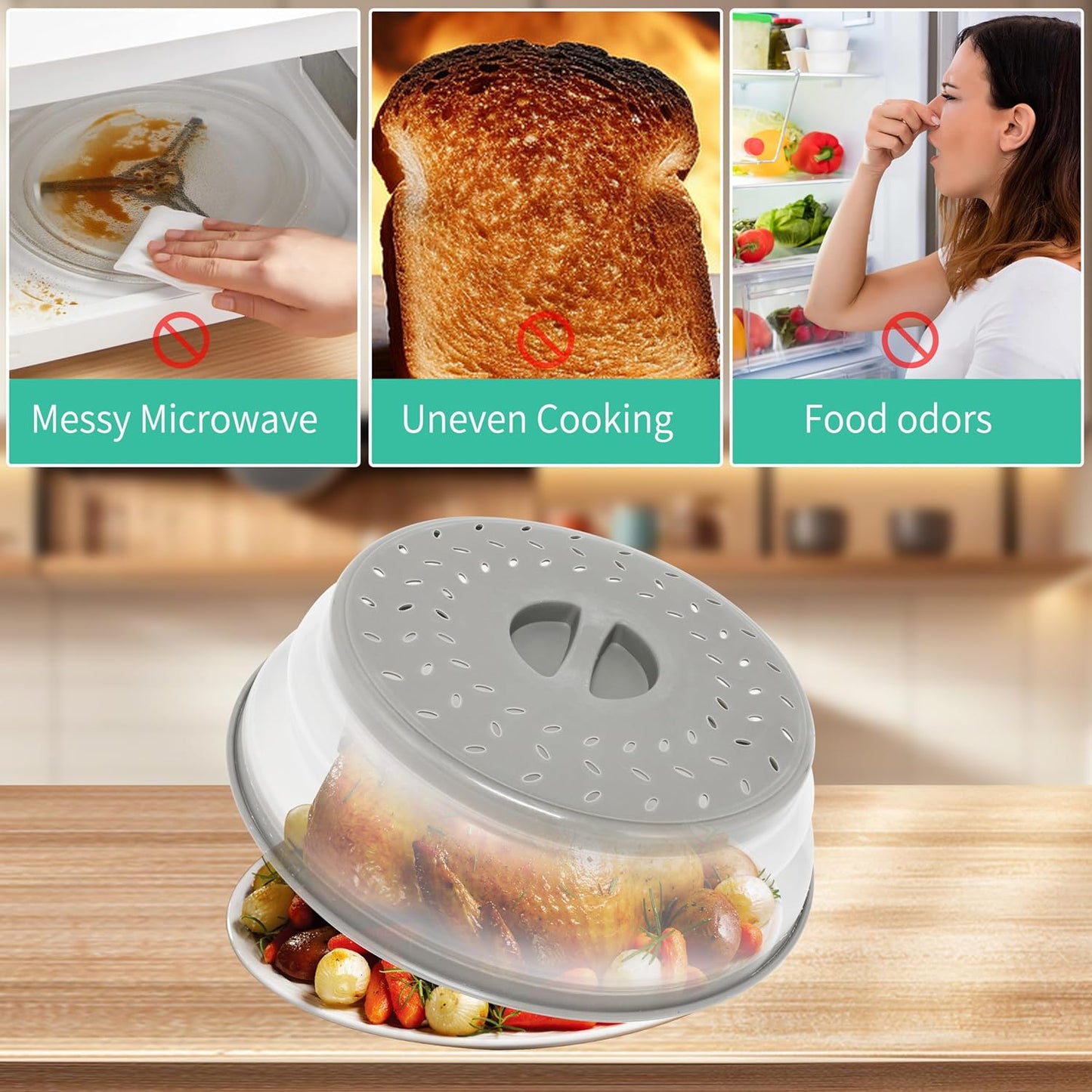 Collapsible Microwave Food Cover, Splatter Guard,Vented Microwave Lid for Food, BPA free TPR, Dishwasher safe，12inch,Grey