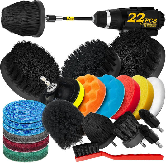 Holikme 22Pack Drill Brush Attachments Set,Scrub Pads & Sponge, Buffing Pads,Power Scrubber Brush,Car Polishing Pad Kit,Wax Applicator Pad,Car Cleaning Kit,Masonry Brushes,Cleaning Supplies | Buffing Sponges, Nylon Grout Tools, Microfiber Wax Pads, Tile