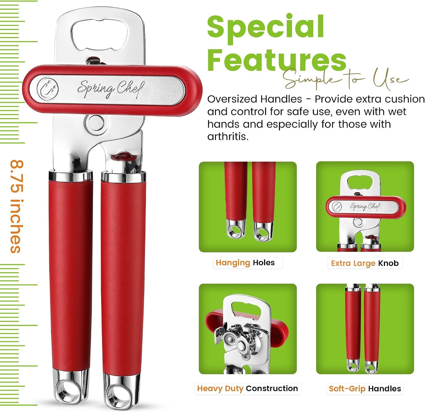 Spring Chef Stainless Steel Manual Can Opener with Soft Grip Handles, Black | Heavy Duty Hand Can Opener for Seniors with Smooth Edge, Easy Turn, 3in1 Can Opener with Magnetic Lid Remover & Bottle Opener