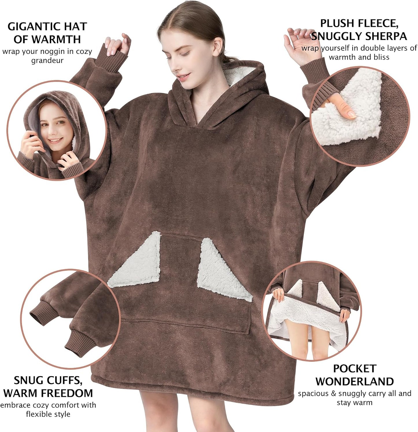 Wearable Blanket Hoodie, Oversized Sherpa Fleece Sweatshirt Blanket with Giant Hood Pocket and Sleeves for Adult, Warm & Cozy Grey Blanket Gifts for Women