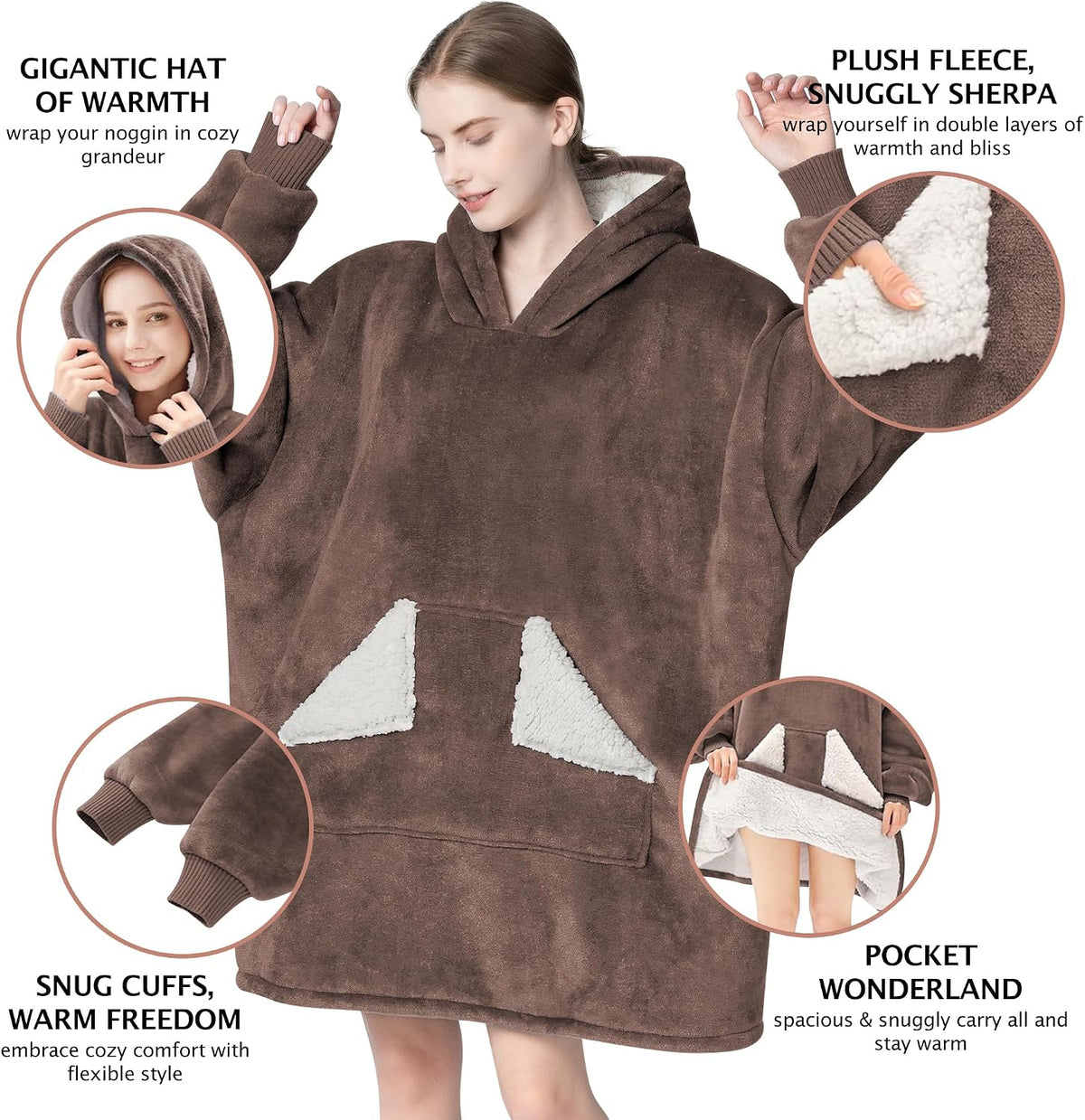 Touchat Wearable Blanket Hoodie, Oversized Sherpa Fleece Sweatshirt Blanket with Giant Hood Pocket and Sleeves for Adult, Warm & Cozy Grey Blanket Gifts for Women