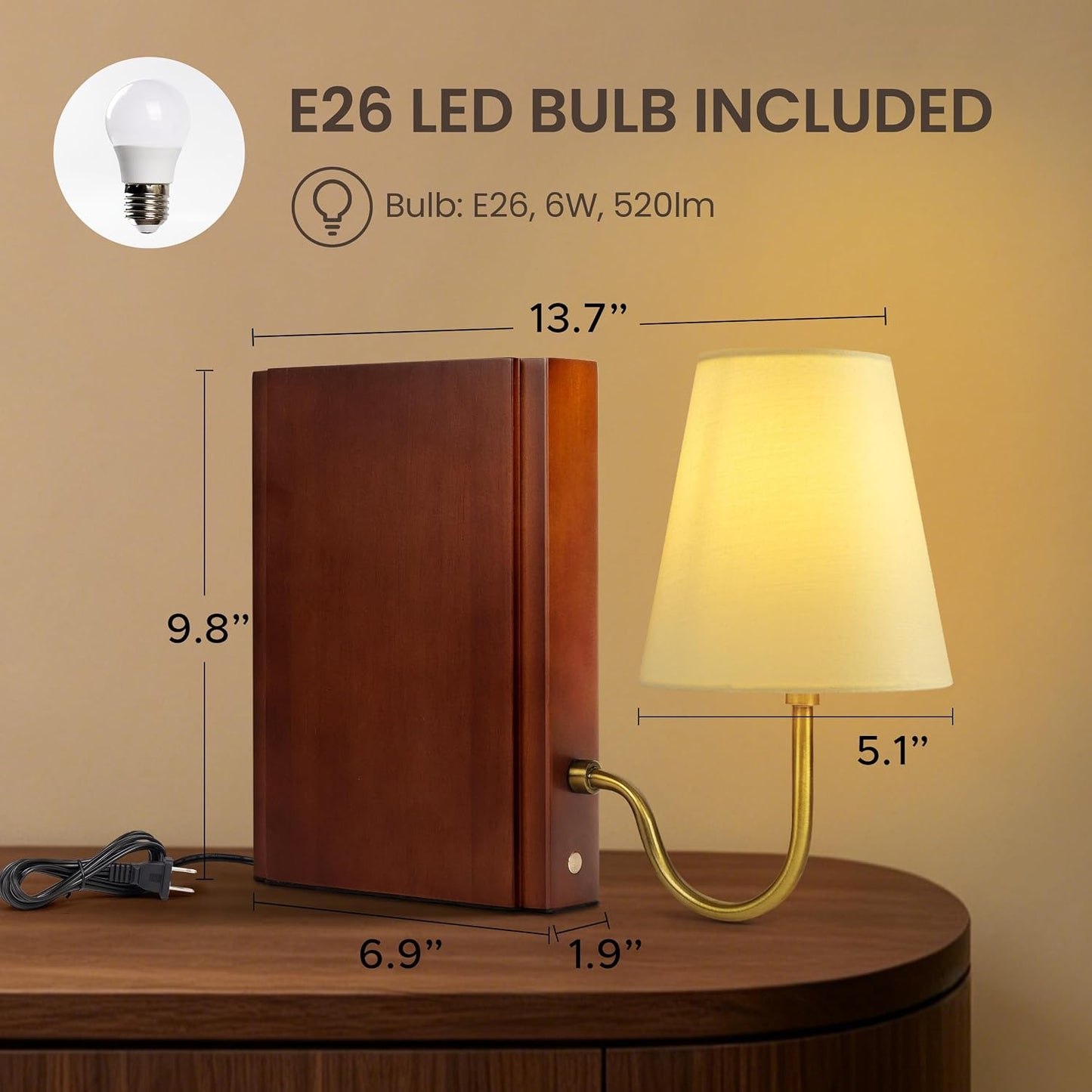 AELS Solid Wood Bookshelf Lamp with Bulb, Cordless Rechargeable Touch Dimmable Table Lamp with Linen Fabric Shade, Modern Decorative Bookend Lamp for Bedroom, Office & Bookshelf Decor, Dark Brown
