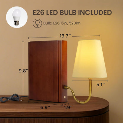 AELS Solid Wood Bookshelf Lamp with Bulb, Cordless Rechargeable Touch Dimmable Table Lamp with Linen Fabric Shade, Modern Decorative Bookend Lamp for Bedroom, Office & Bookshelf Decor, Dark Brown