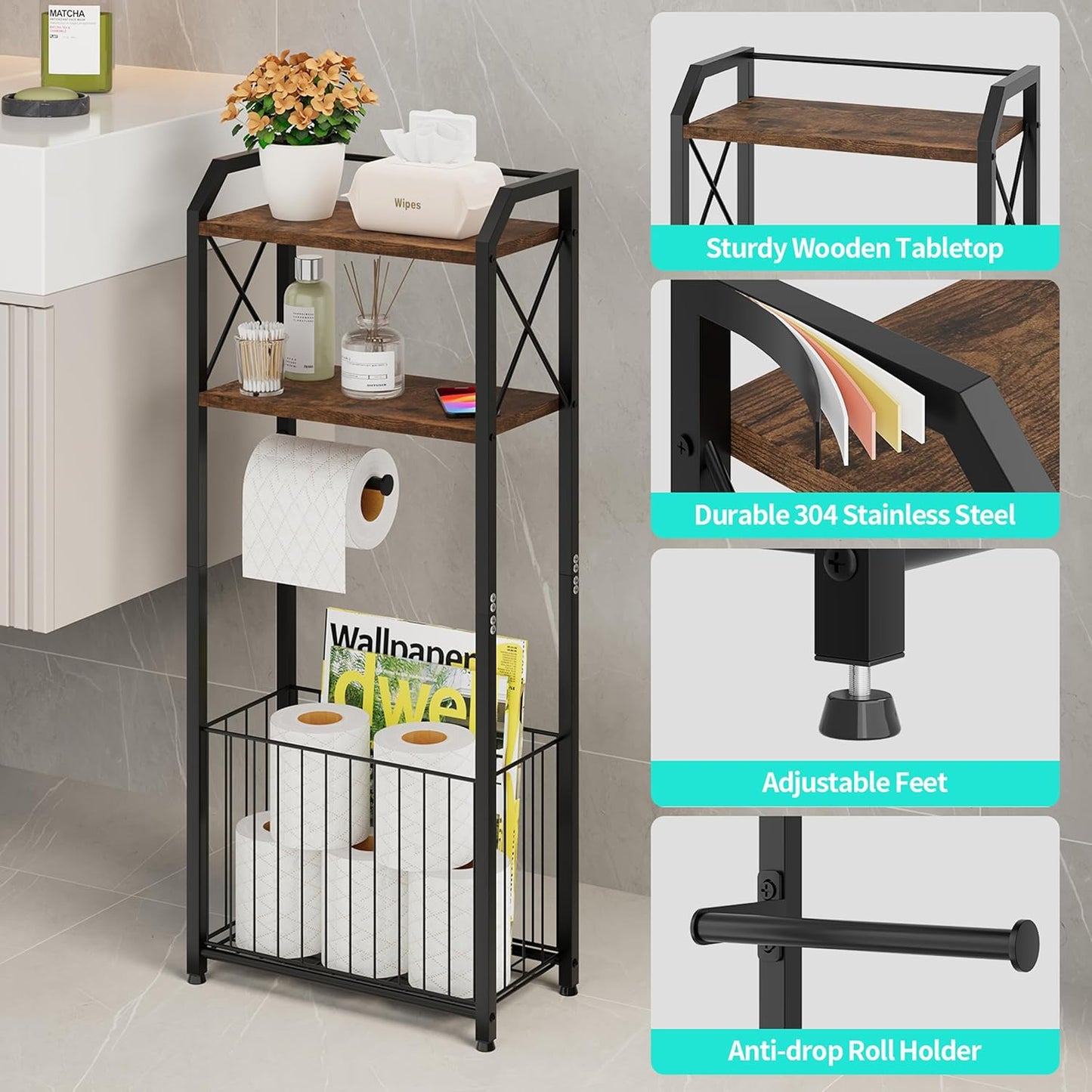 HapiRm Freestanding Toilet Paper Holder - 4-Tier Bathroom Tissue Organizer with Wood Shelves and Large Basket, Toilet Paper Holder Stand for Bathroom, Laundry Room, Apartment - Black（Large）