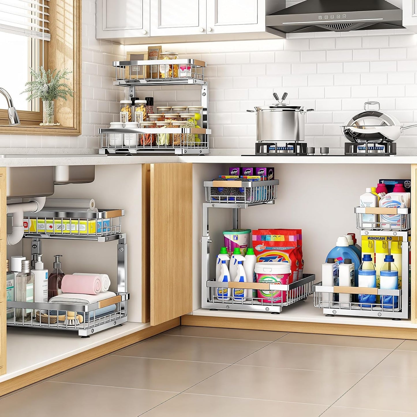 PXRACK Under Sink Organizer, Adjustable Height, 2 Tier Pull Out Under Cabinet Organizer, Slide Out Thickened Metal Under Sink Storage for Kitchen Bathroom Laundry Pantry Cabinet, White, Large-2-Pack