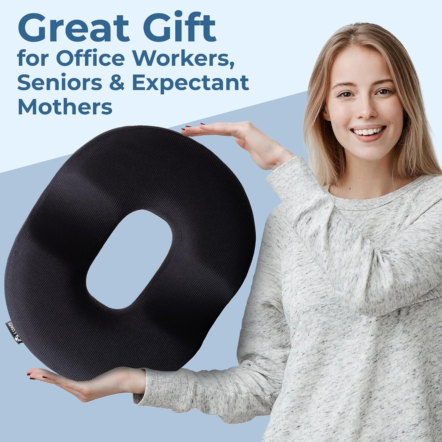 5 STARS UNITED Donut Pillow for Tailbone Pain & Hemorrhoids – Large Memory Foam Seat Cushion for Bed Sore-Prone Areas & Pressure Relief – Prostate, Postpartum & Pregnancy Support, Black Mesh Cover