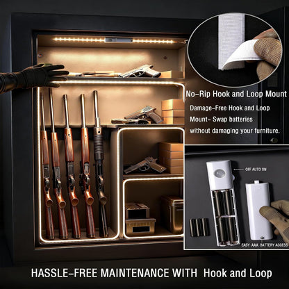6.5ft Motion Sensor LED Light Strip Battery Powered, Tool-Less Under Cabinet Lighting with Hook and Loop Battery Box, 3 Modes (Always-On/Motion/Off), Warm White 3000K for Gun Safe, Closet, Underbed