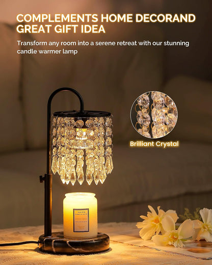 Candle Warmer Lamp with Timer Dimmer and 3 Bulbs, Candle Lamp Warmer with Marble Base for Adjustable Height, Crystal Candle Lamp for Jar Candles, House Warming Gifts Home Room Decor, Silver