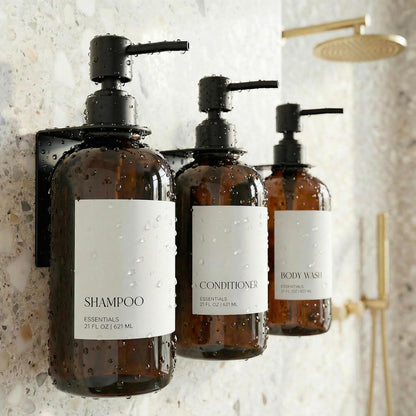 Stylish Shampoo & Conditioner Dispenser Set of 3 - Wall Mount, Drill Free | Modern 21oz Shower Soap Bottles with Labels - Easy Refill Body Wash Dispensers for an Instant Bathroom Decor Upgrade