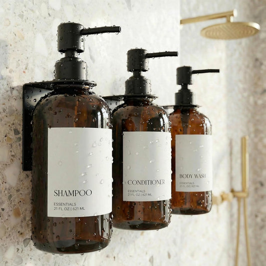 Stylish Shampoo & Conditioner Dispenser Set of 3 - Wall Mount, Drill Free | Modern 21oz Shower Soap Bottles with Labels - Easy Refill Body Wash Dispensers for an Instant Bathroom Decor Upgrade