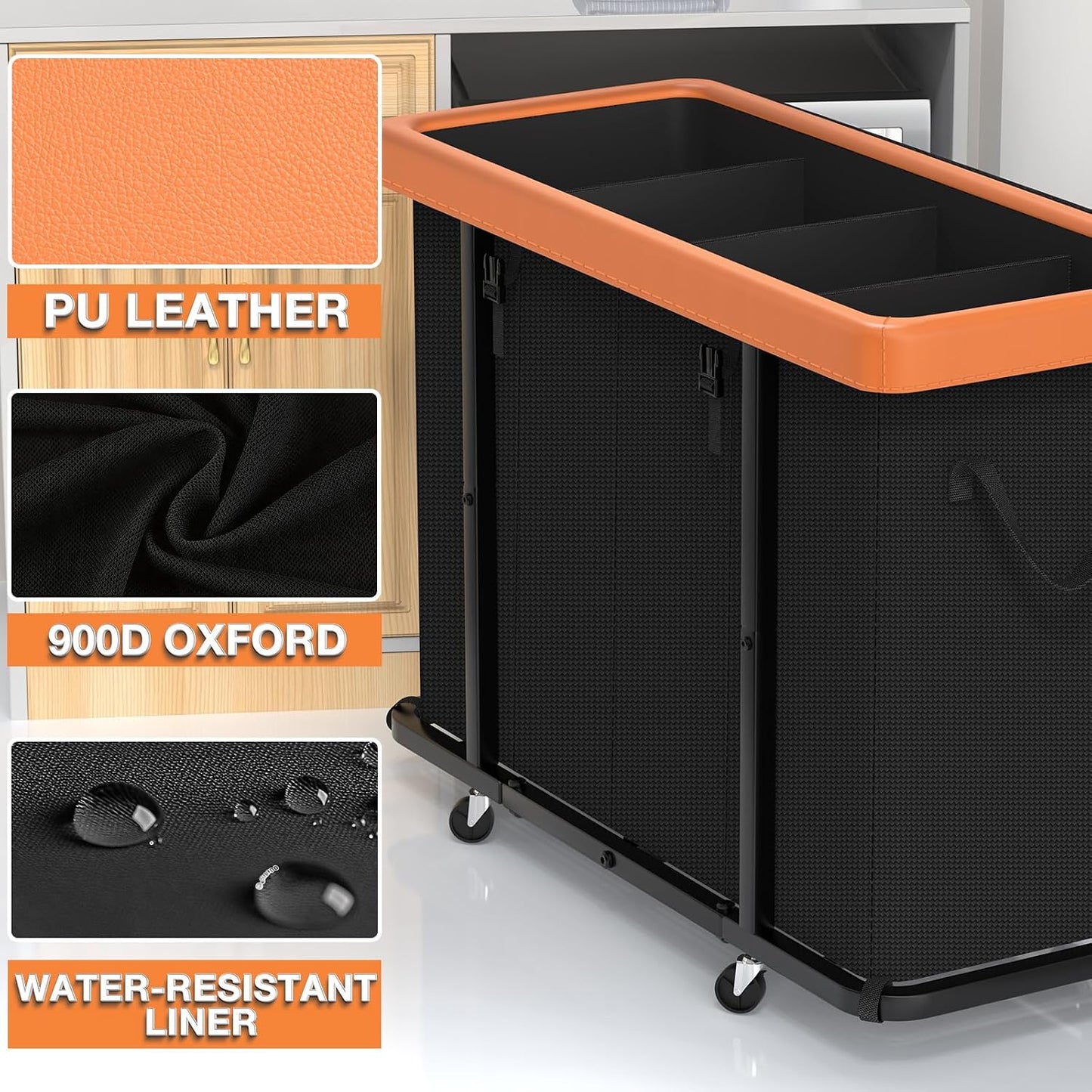 Laundry Hamper with Wheels,150L Leather Patchwork Clothes Hamper Black | Rolling Laundry Basket with Sturdy Metal Frame, Removable Washable Bag,Tall Clothes Sorter for Bedroom, Laundry Room, Dorm