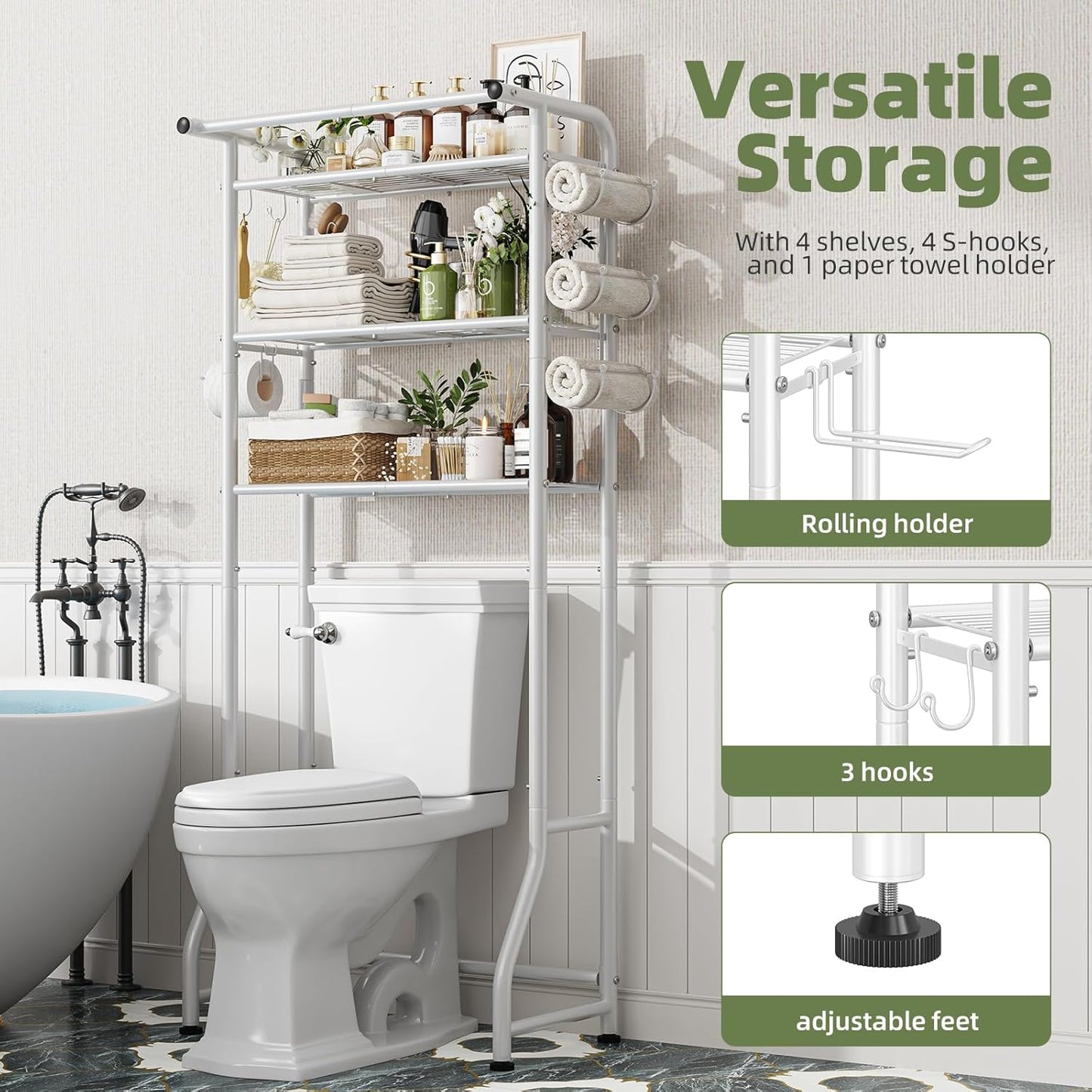 Simple Trending Over The Toilet Storage Cabinet, Metal Bathroom Shelf Organizer with Paper Holder and Hooks, 3 Tier, Black