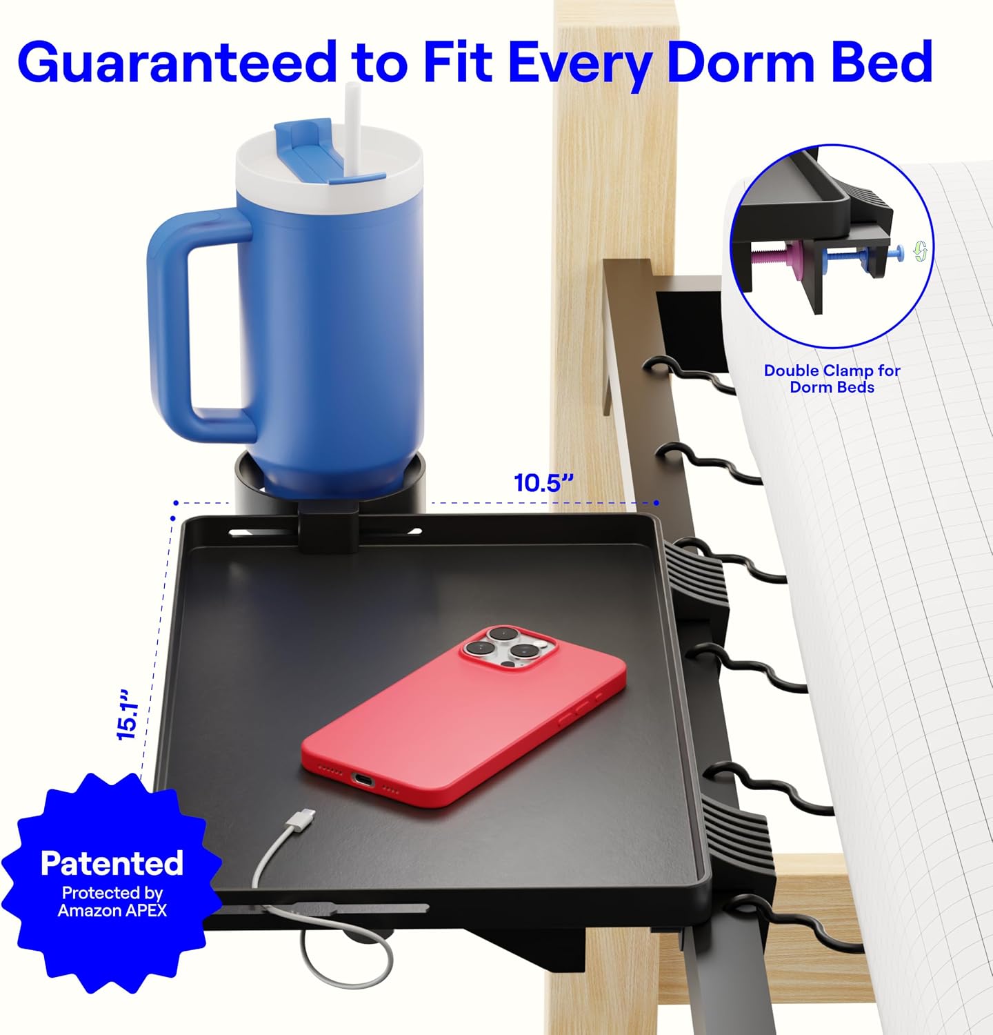 BedShelfie Bedside Shelf for Dorm Room Bunk Bed & Top Bunk, College Dorm Room Essentials, Bedside Caddy, Clip on Floating Desk Tray, Bed Side Table Storage, Loft Nightstand Decor - Cable Catch, Black