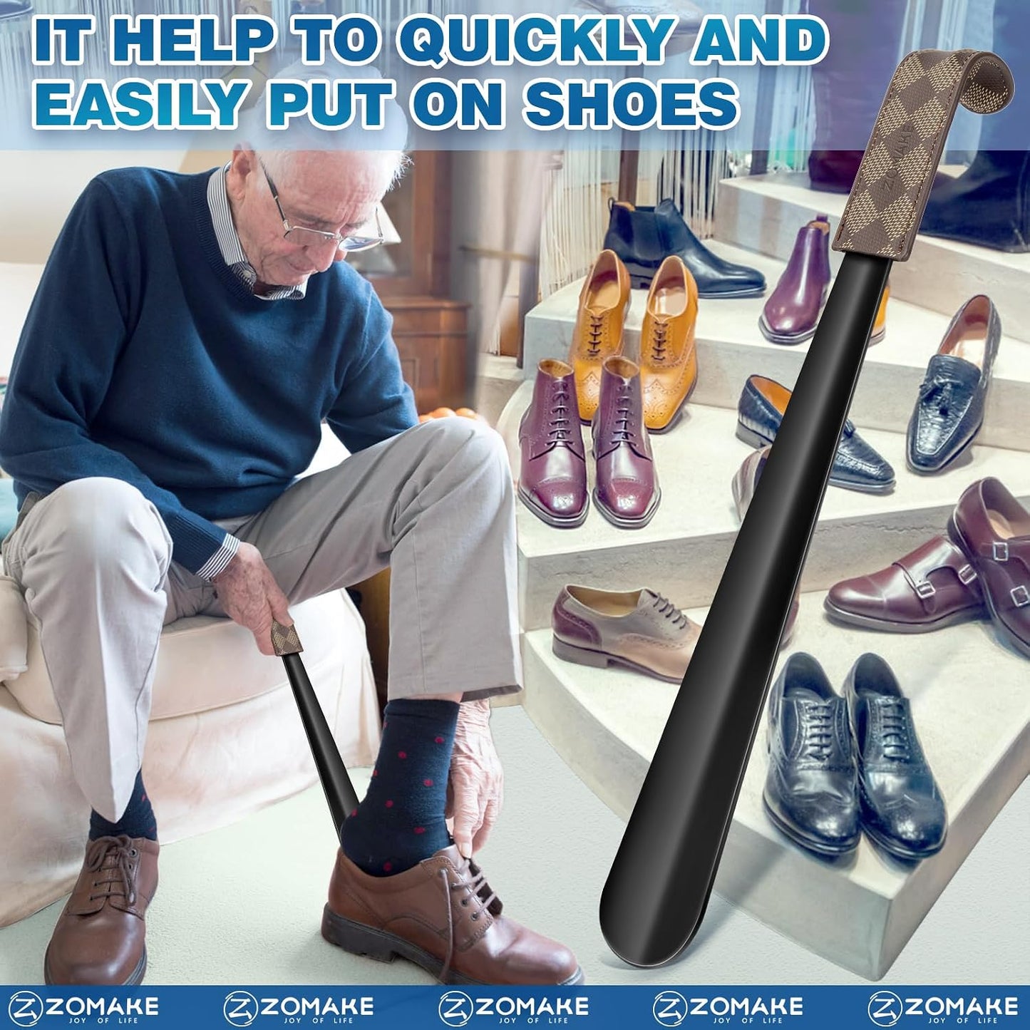 ZOMAKE Shoe Horn Long Handle for Seniors Men Women,Metal Long Shoehorn for Boots,16.5" Shoe Spoon Helper(Brown Handle) | 1Pack Stainless Steel Boot Horn Shoe Spoon Helper, Smooth Edges, Comfort Grip, No Bending Over, Shoe Protection(Brown Handle)