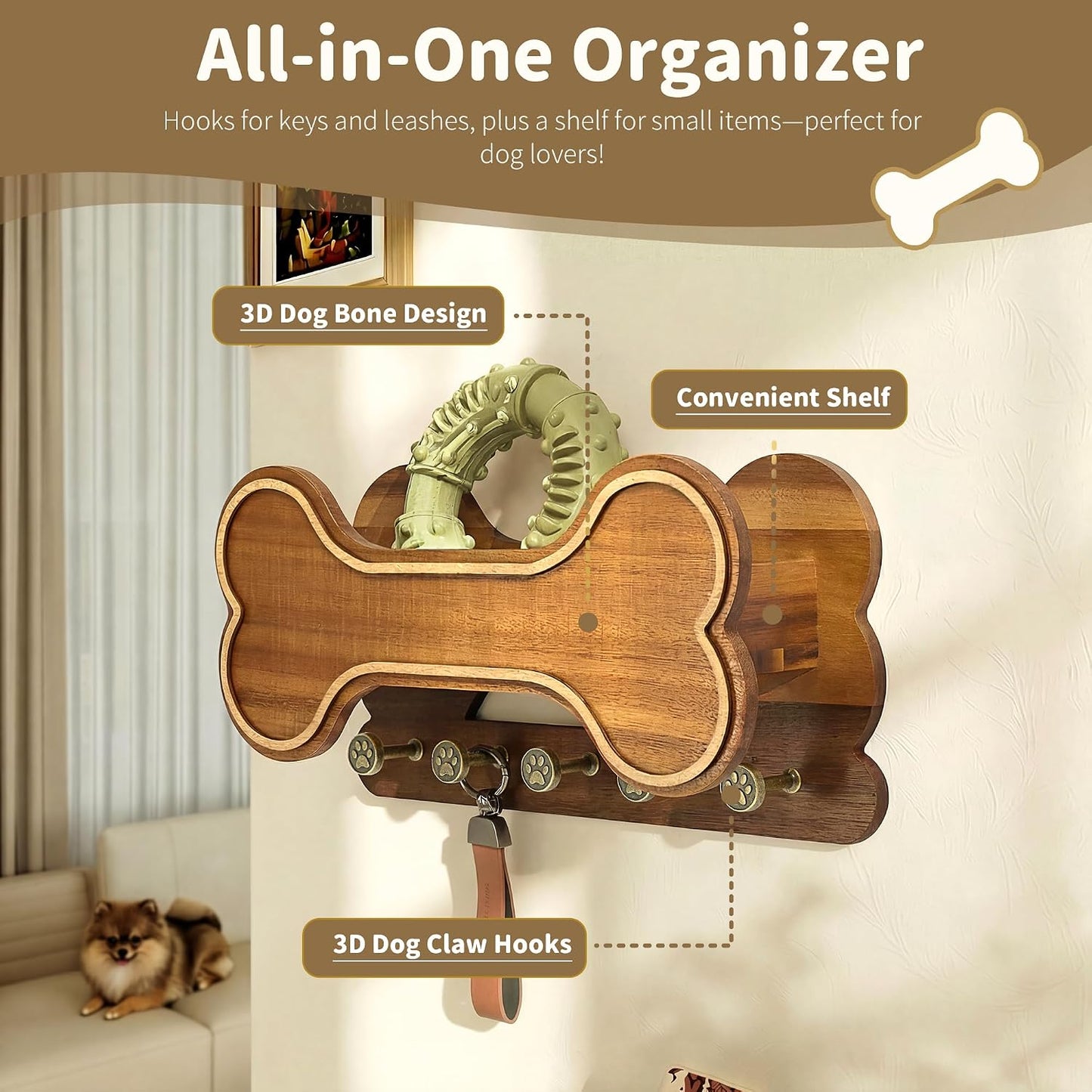 MTERSN Dog Leash Holder for Wall with Key Hooks for Dog Gear Storage, Brown | 3D Puppy Paw Hooks, Doggie Bone Shape, Key Rack with 5 Hooks, Wall Shelf for Treats & Dog Food, Ideal for Wall Decor