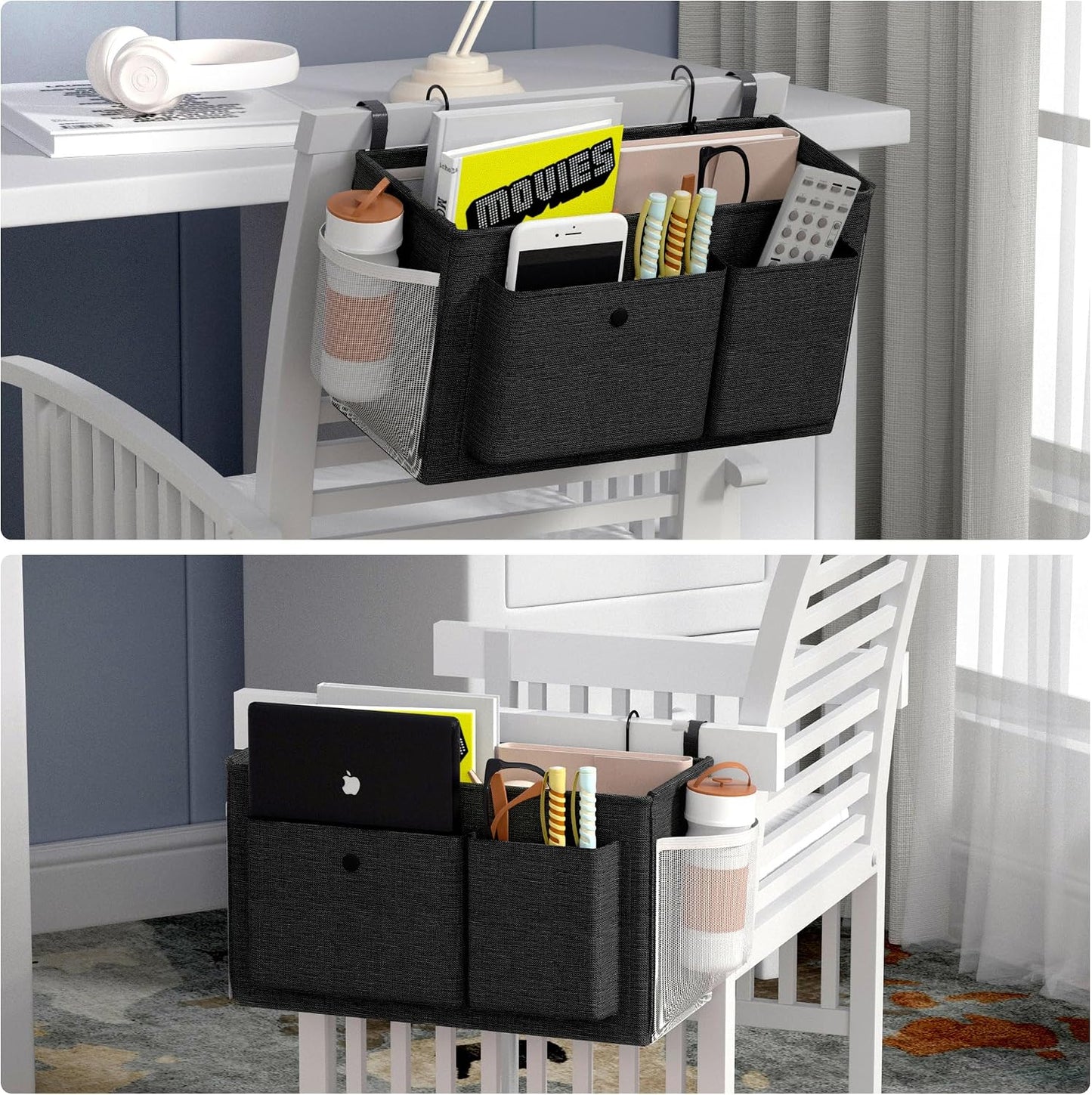 Bedside Caddy Bedside Storage Hanging Organizer for Bunk Dorm Bed Rail | Bed Caddy with Hooks, Top Bunks and Dorm Essentials for Water, Tissues, Tablets, Books, Phones, Remotes and Other Necessories