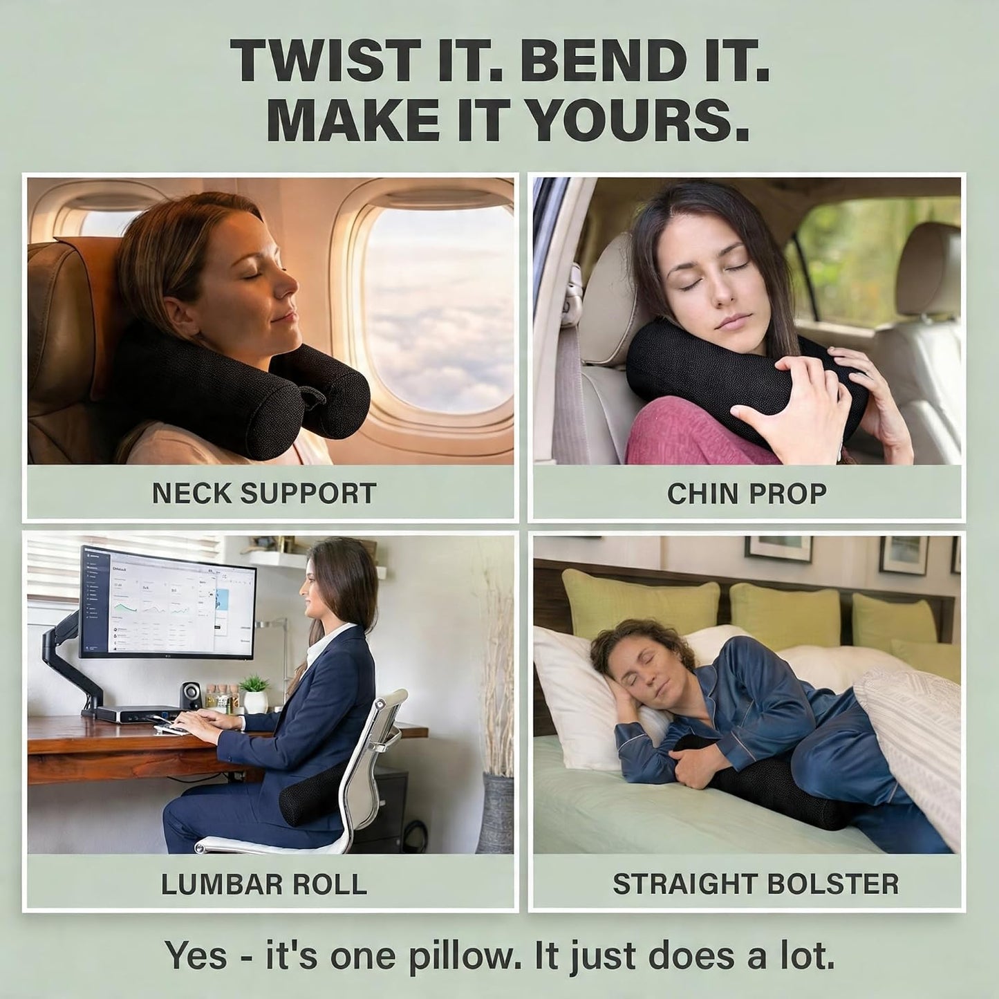Dot&Dot Twist Memory Foam Travel Pillow, Bendable Neck Pillow for Airplane, Car and Home, 26-Inch Adjustable Roll with Washable Cotton Cover, Gray