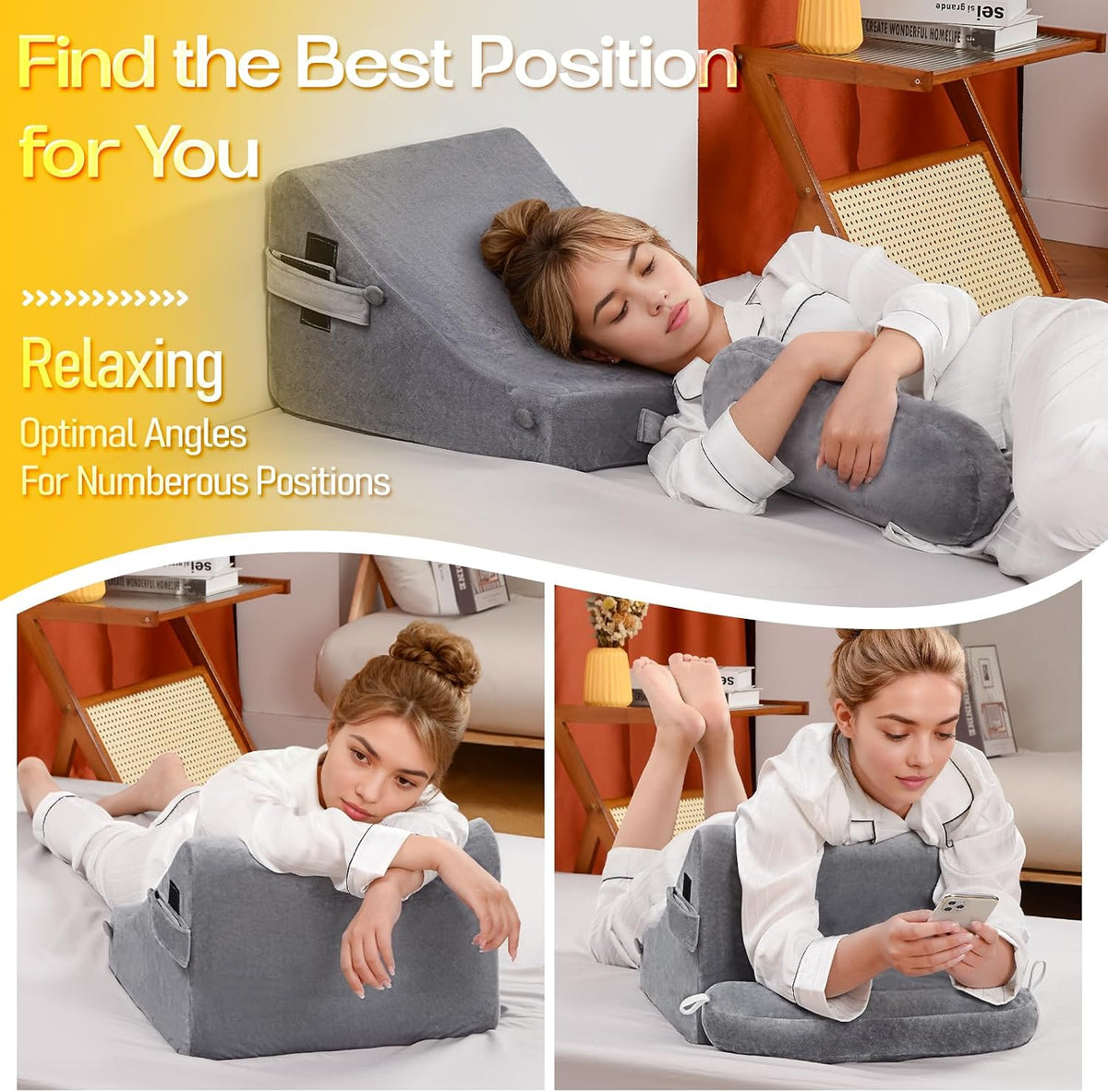 MOON PINE Reading Pillow for Adults, Memory Foam Backrest with Detachable Arms - Bed Pillow for Sitting Up, Built-in Cup Holder & Phone Pocket (Gray, 19 inch)