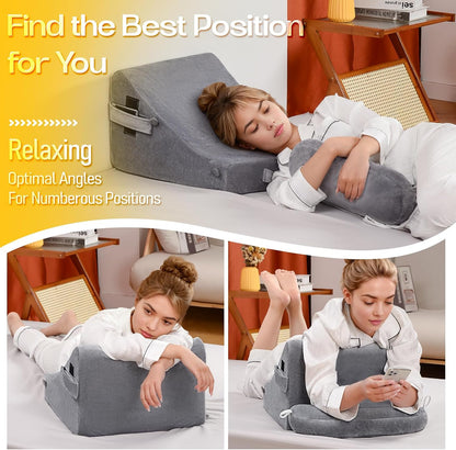 MOON PINE Reading Pillow for Adults, Memory Foam Backrest with Detachable Arms - Bed Pillow for Sitting Up, Built-in Cup Holder & Phone Pocket (Gray, 19 inch)
