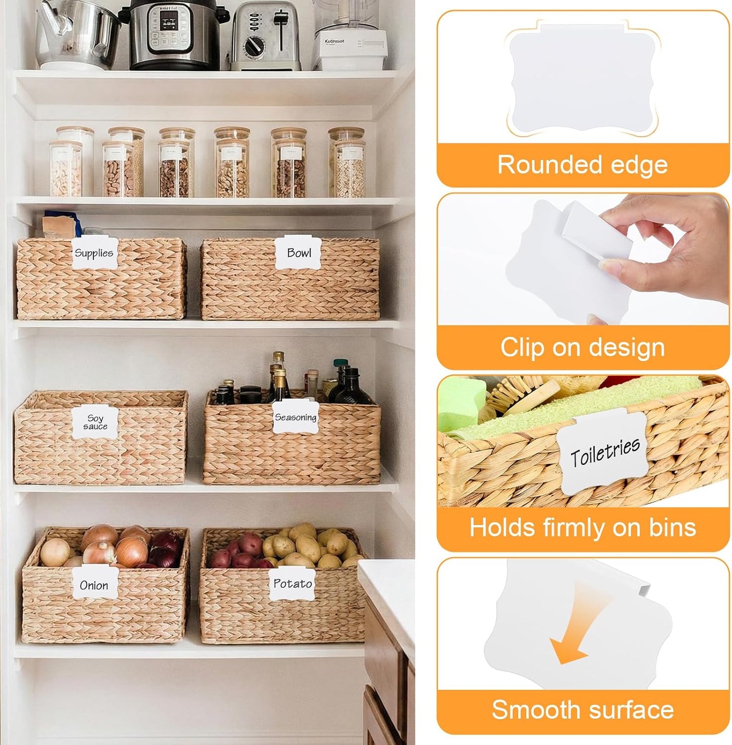 8 PCS White Basket Labels PVC Basket Labels 3.5x2.7 Inches | Clip On, Removable Label Holders, Baskets Label, for Storage Bins, Kitchen Pantry Closet, Organization, Hanging Box