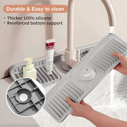 18 inch Silicone Faucet Mat for Kitchen Sink - 6° Slope & Fasten Button Design, Quick-Dry Splash Guard Water Catcher Behind Faucet, RV/Bathroom Safe (Gray)