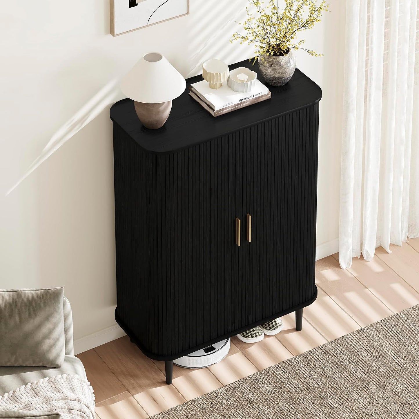 DHH Shoe Storage Cabinet with Sliding Door, 6-Tier Shoe Cabinet with Adjustable Shelves, Modern Freestanding Shoe Storage Organizer for Entryway, Hallway, Living Room (Walnut, 47 ")