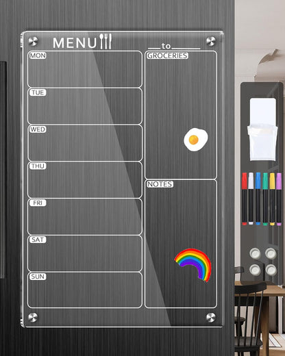 Weekly Acrylic Magnetic Calendar Dry Erase Board for Fridge, 12x16 in | Clear Weekly Planner Whiteboard for Refrigerator, Durable Material, Powerful Magnets, Smooth Writing and Easy Cleaning