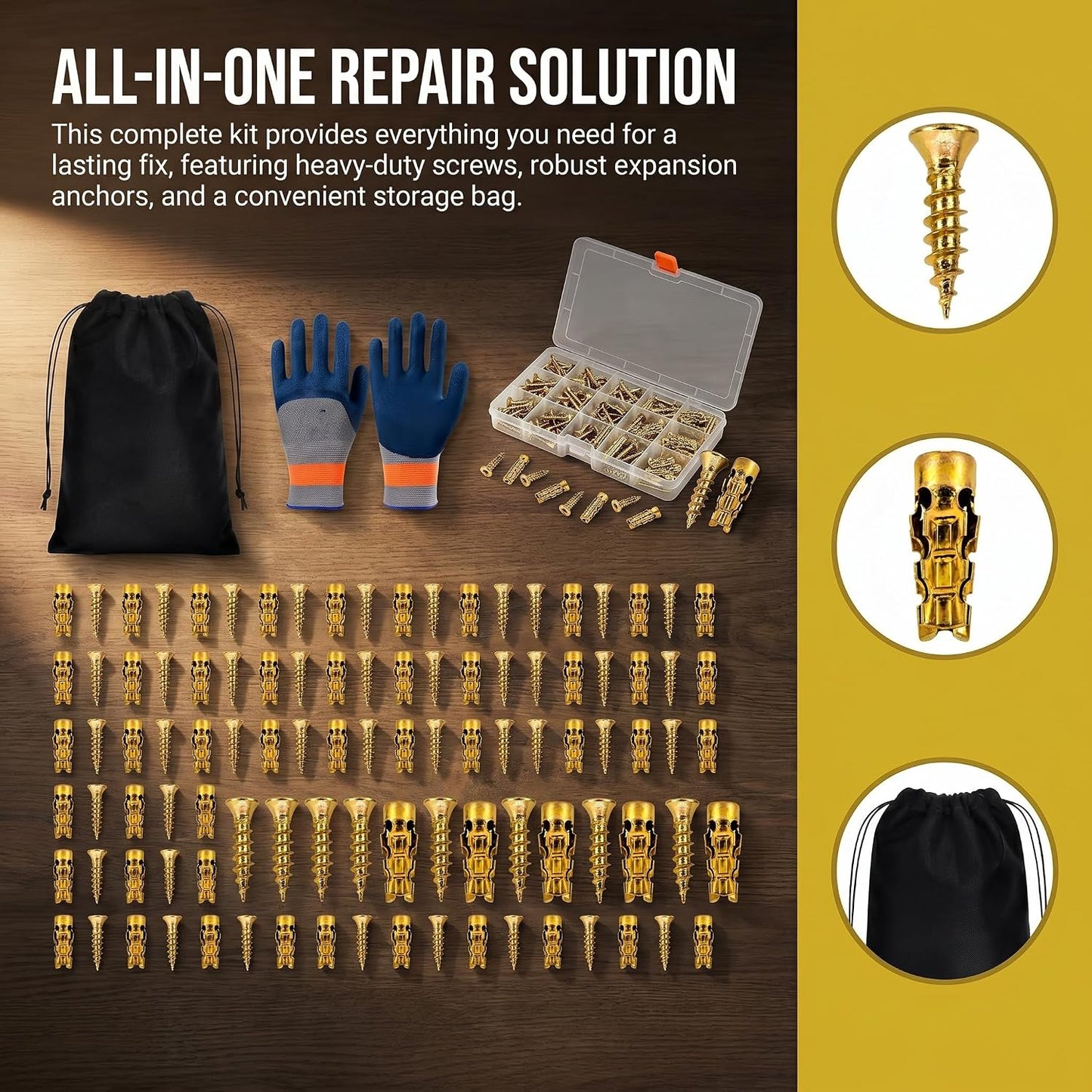 Door Hinge Repair Kit, 6x14mm Expansion Screws with High-Grip Anchors for Wood, Cabinet Hinge Repair Plates Included (50 Sets+Gloves * 1)