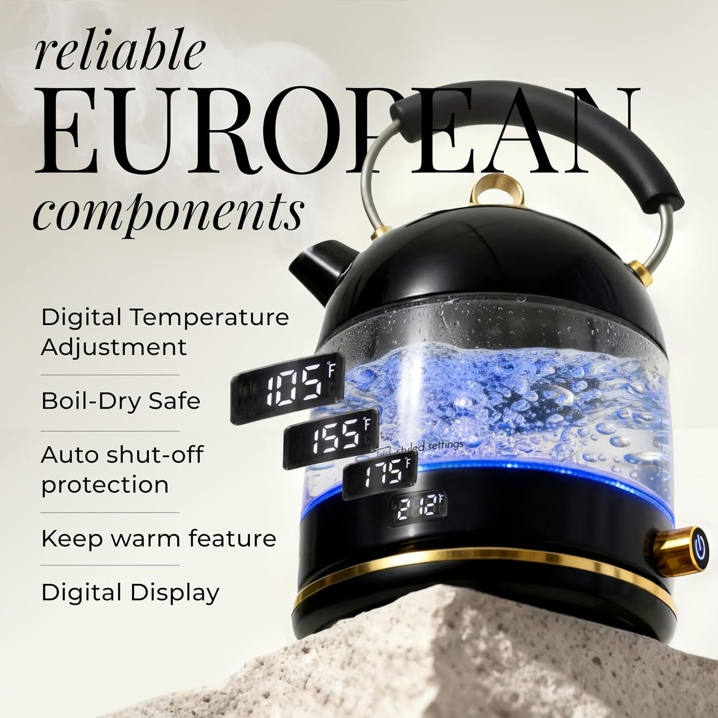 Styled Settings Stainless Steel Electric Kettle with Temperature Control | BPA and Plastic Free Electric Kettle with Keep Warm Function, Borosilicate Glass -1500W Hot Water Boiler with Digital Display