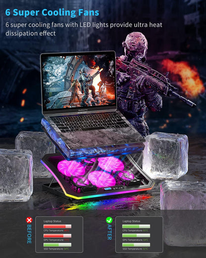 KeiBn Upgarde Laptop Cooling Pad, RGB Lights Laptop Cooler 6 Fans for 15.6-17.3 Inch Laptops, 7 Height Stands, 10 Modes Light, 2 USB Ports, Desk or Lap Use (A8,Blue)