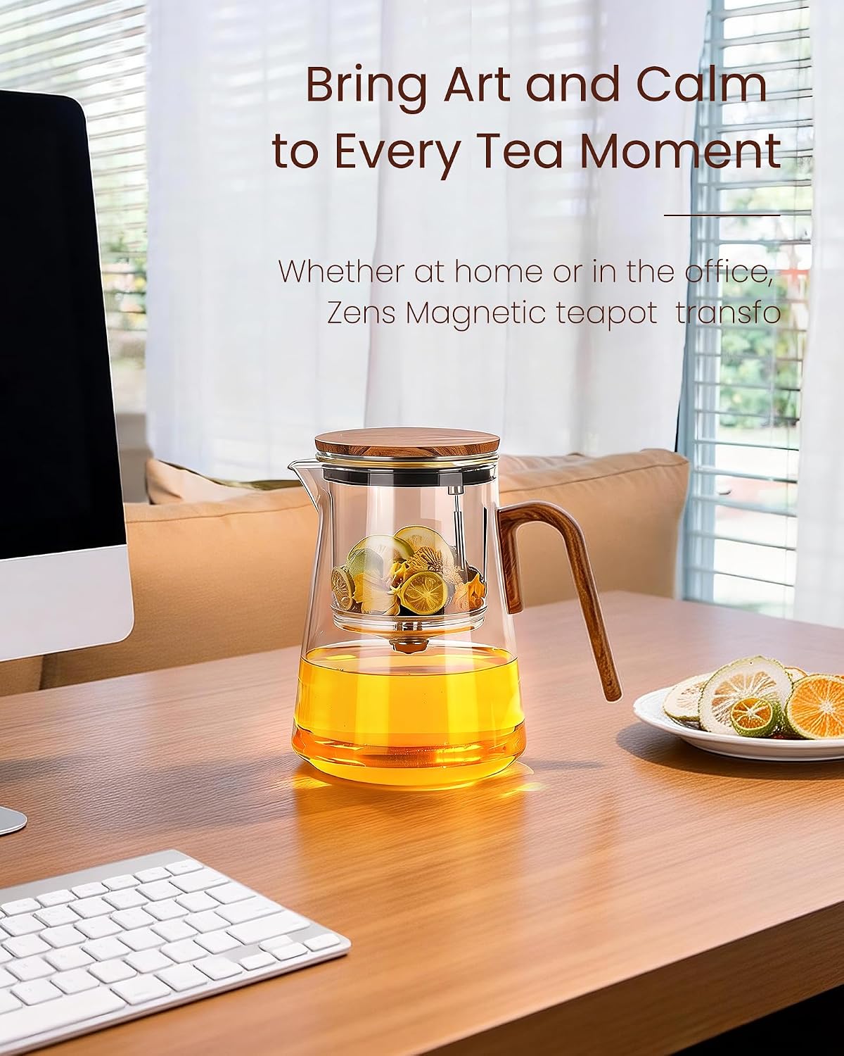 ZENS Magnetic Glass Infuser Teapot for Loose Tea, 27oz Walnut Wood Handle | Magic Teapot with Infuser, Echanted Tea Maker, Mess-Free Loose Leaf Tea Diffusers for Tea lover Gifts