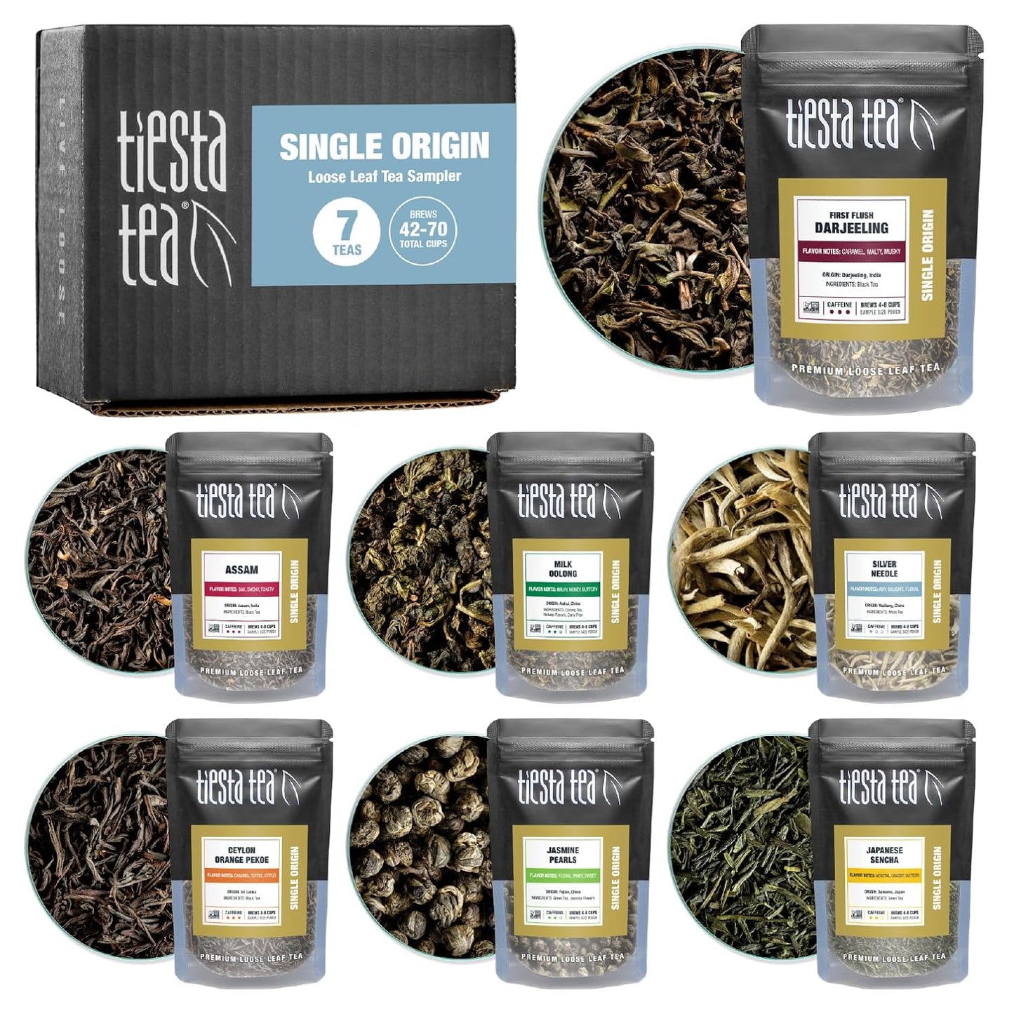 Tiesta Tea - Top 8 Favorites Sampler Set, Loose Leaf, Up to 80 Cups | High to No Caffeine, Hot & Iced, Tea Variety Pack with Green, Herbal, & Black, 8 Sample Pouches