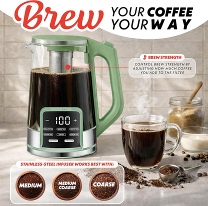 Gourmia Electric Glass Kettle – 1.7L Programmable Tea & Coffee Brewer with Digital Touch Display, 6 Presets, Removable Stainless Steel Infuser, Cordless with 360° Swivel Base, Black