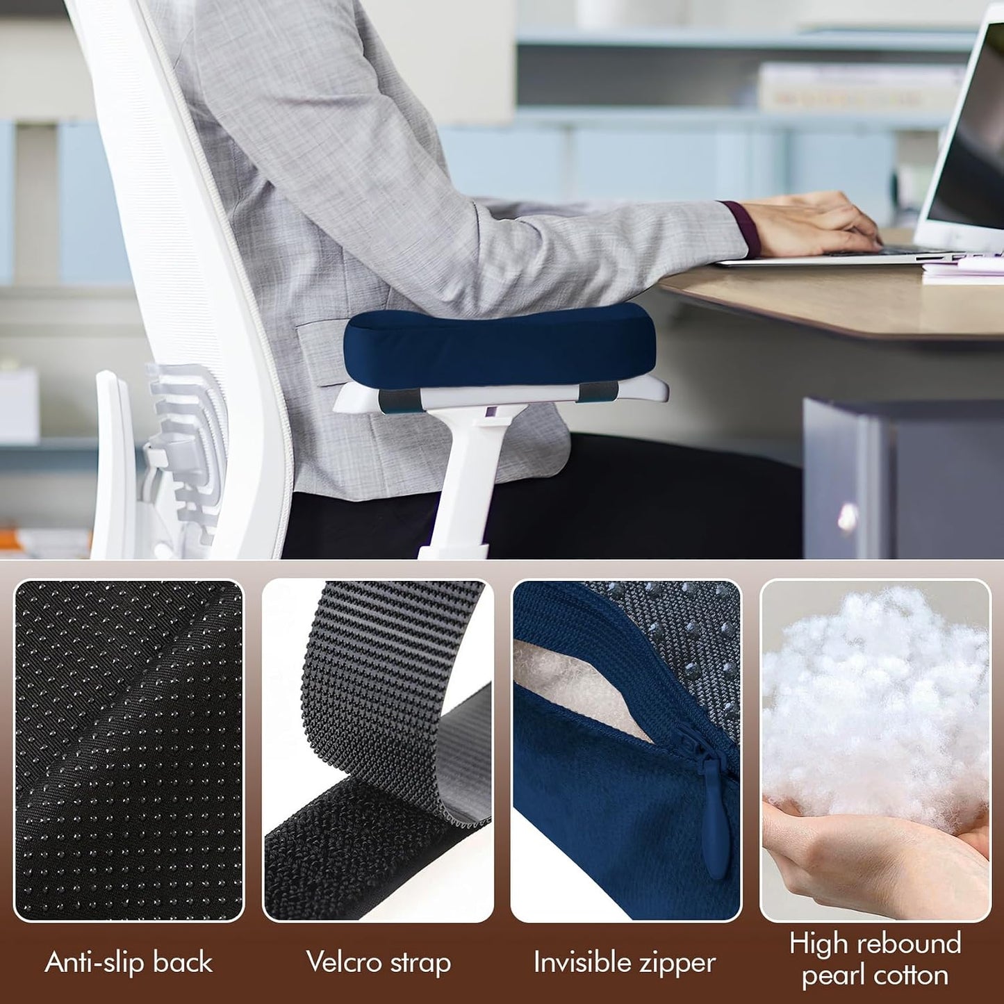 WdFour 2-Pack Non-Slip Armrest Pads for Office & Gaming Chairs - Ergonomic Forearm Support Pillow for Desk, Computer & Wheelchair, Pressure Relief Cushions (Black)