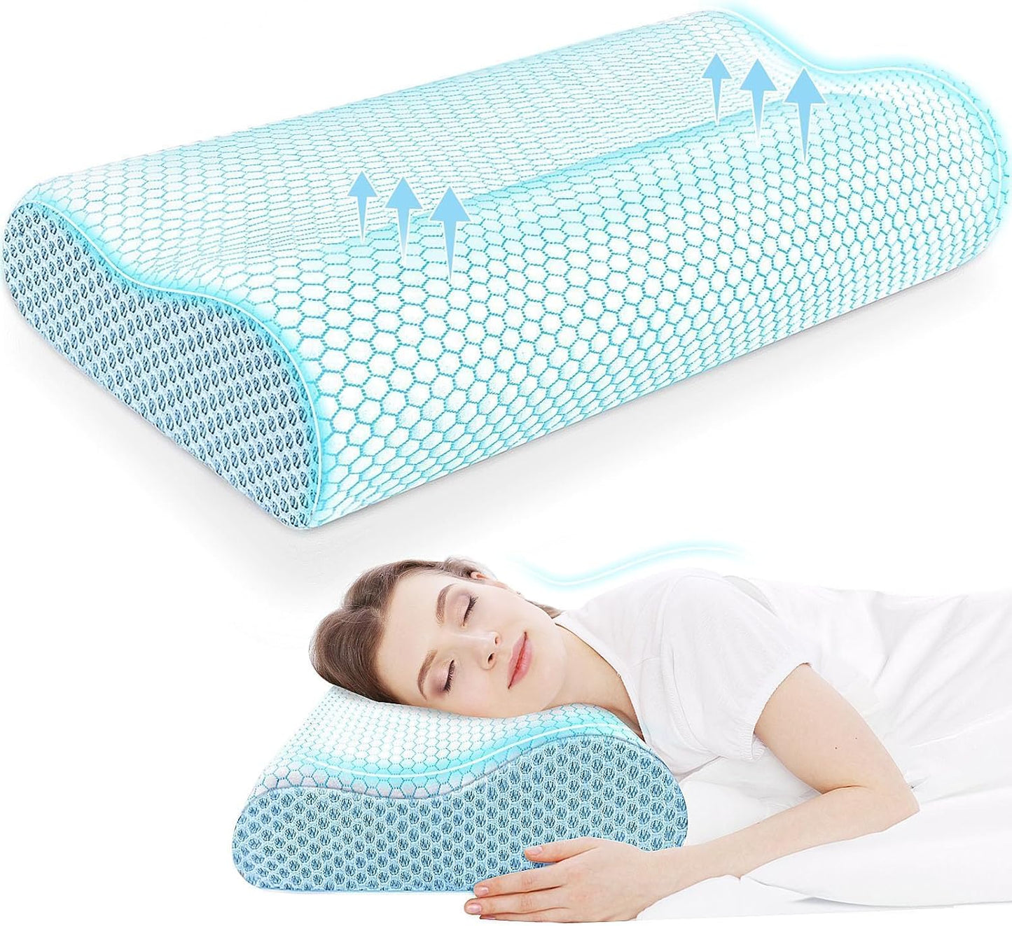 Neck Pillow for Sleeping, Ergonomic Cervical Bed Pillow, Blue Standard Size | Memory Foam Bed Pillow for Side Back Stomach Sleepers, Contour Fit Neck Pillow for Sleeping and Neck Pain Relief