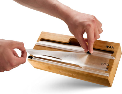 2 in 1 Wrap Dispenser with Cutter and Labels, Plastic Wrap, Aluminum Foil and Wax Paper Dispenser for Kitchen Drawer, Bamboo Roll Organizer Holder, Compatible with 12" Roll