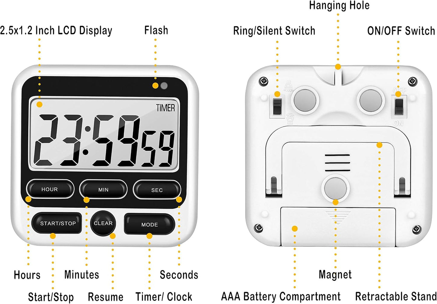 4-in-1 Digital Timer with Count Up/Down, Clock & Alarm, Ring & Silent Modes | Large 2.8-Inch easy-read LCD, On/Off switch, 24-Hour count up/down, Fast-forward function, Magnetic back, stand, hanging hole