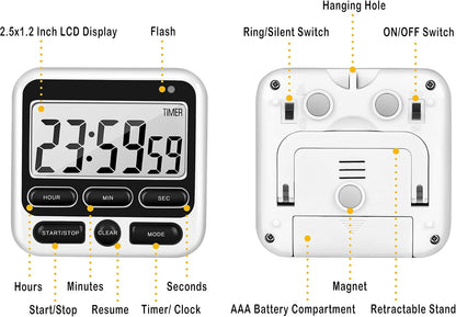 4-in-1 Digital Timer with Count Up/Down, Clock & Alarm, Ring & Silent Modes | Large 2.8-Inch easy-read LCD, On/Off switch, 24-Hour count up/down, Fast-forward function, Magnetic back, stand, hanging hole