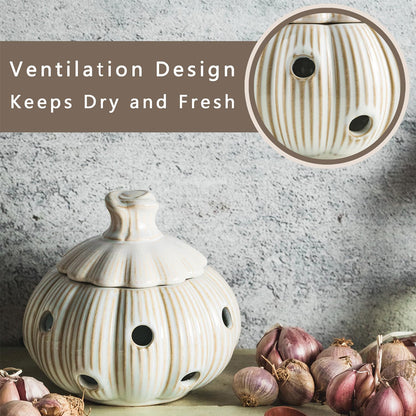Garlic Storage Pod Ceramic Garlic Keeper with Lid Large Garlic Container for Counter, White