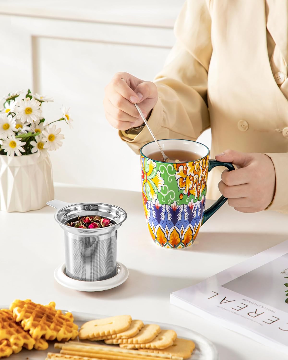 vancasso Ceramic Tea Mug with Infuser and Lid, 18 Ounce Bohemian Loose Leaf Cup, Microwave & Dishwasher Safe, Perfect for Tea, Coffee, Burnt-Cobalt Mandala