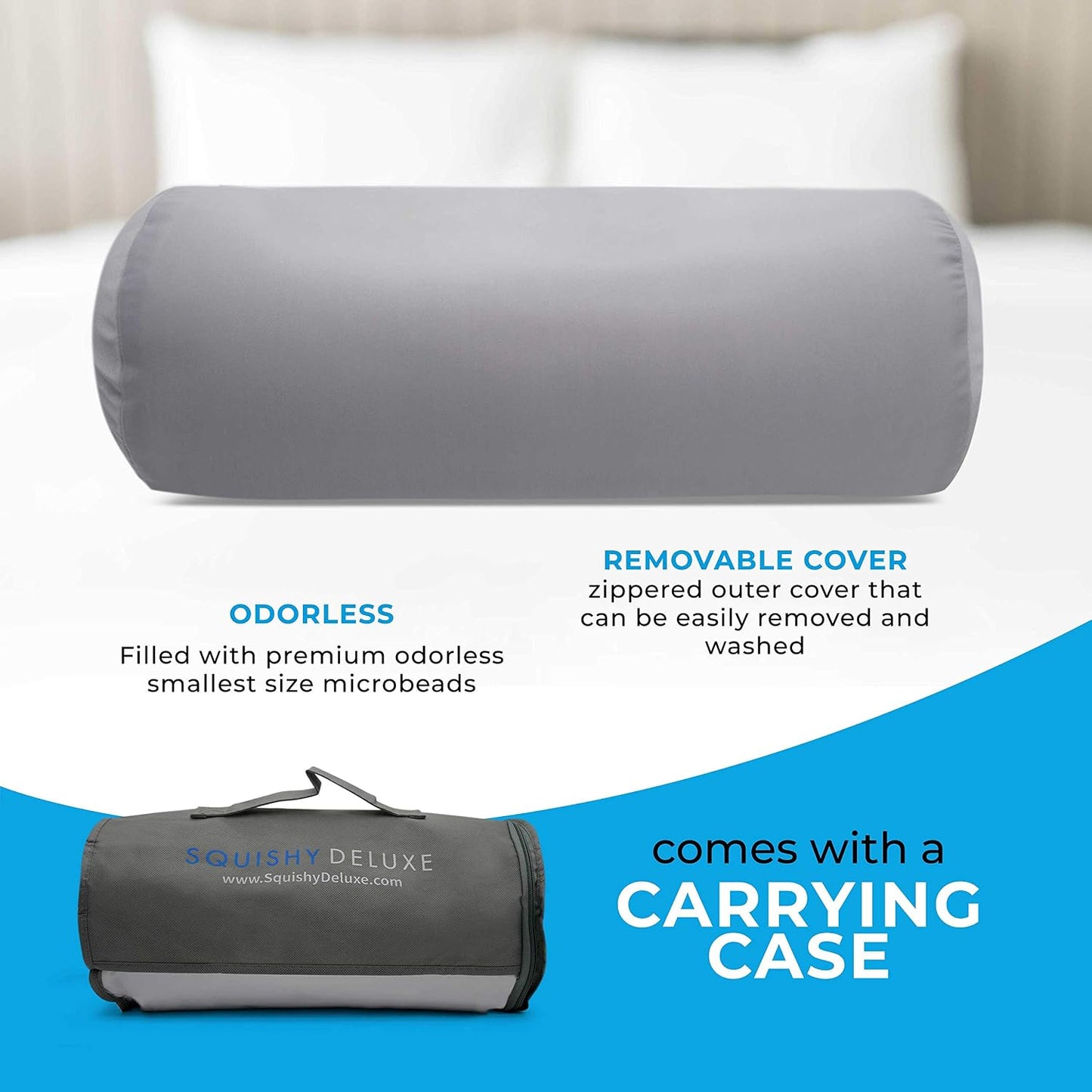 Squishy Deluxe Tube Microbead Bolster Pillow with Stay-Cool Fill & Silky Removable Cover, Flexible, Head, Neck & Back Support for Home & Away, Carrying Case, 13 x 6 inches, Grey