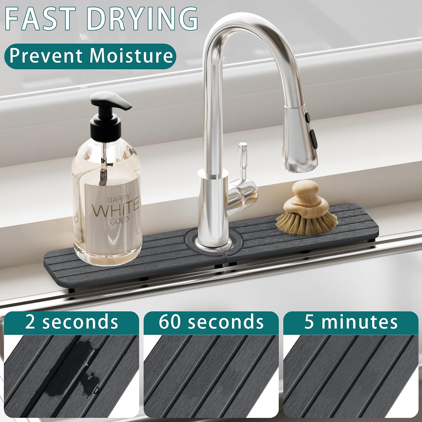 Water Absorbing Stone Kitchen Sink Mat Faucet Splash Guard for Bathroom | Quick Dry, Raised Feet, Diatomaceous Earth, Stone Faucet Mat, Sink Protector for Counter, Sink Accessories, Bathroom Decor