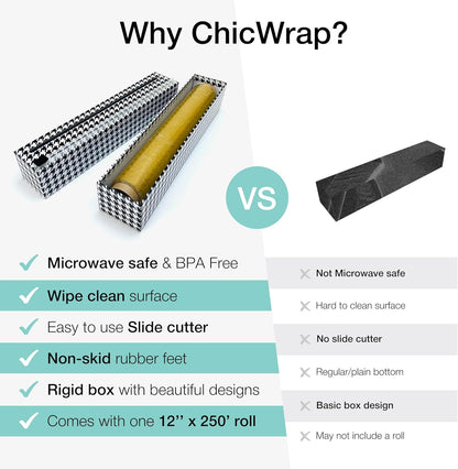 Chicwrap Veggies Refillable Plastic Wrap Dispenser - Includes One 12" x 250' Roll of Professional Grade Plastic Wrap - BPA Free and Kosher Certified - Reusable Dispenser w/Slide Cutter | Reusable Plastic Wrap Dispenser with Four Non-Slip Rubber Feet and