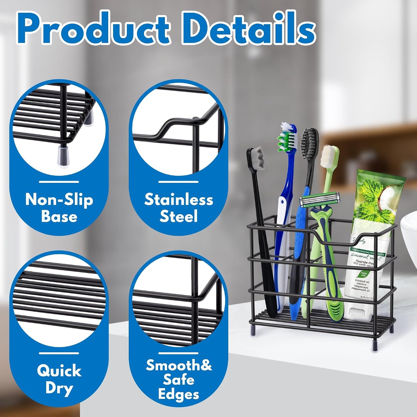 Electric Toothbrush Holders for Bathrooms 304 Stainless Steel Quick Drying | Upgrade Heavy Duty Sturdy Durable Toothpaste Holder Bathroom Organizer Storage Decor Accessories Tooth Brush Holder Caddy