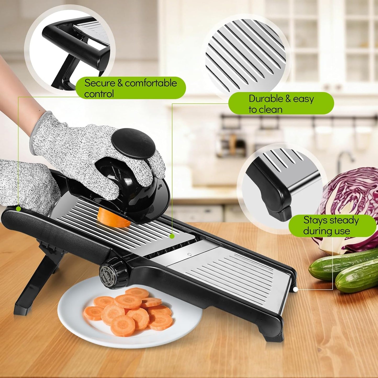 MASTERTOP Mandoline Slicer, 5 in 1 Mandoline Food Slicer, Dishwasher Safe | Stainless Steel Mandoline Slicer, Adjustable Vegetable Slicer for Fruit, Cheese, Send Cut Proof Gloves & Cleaning Brush