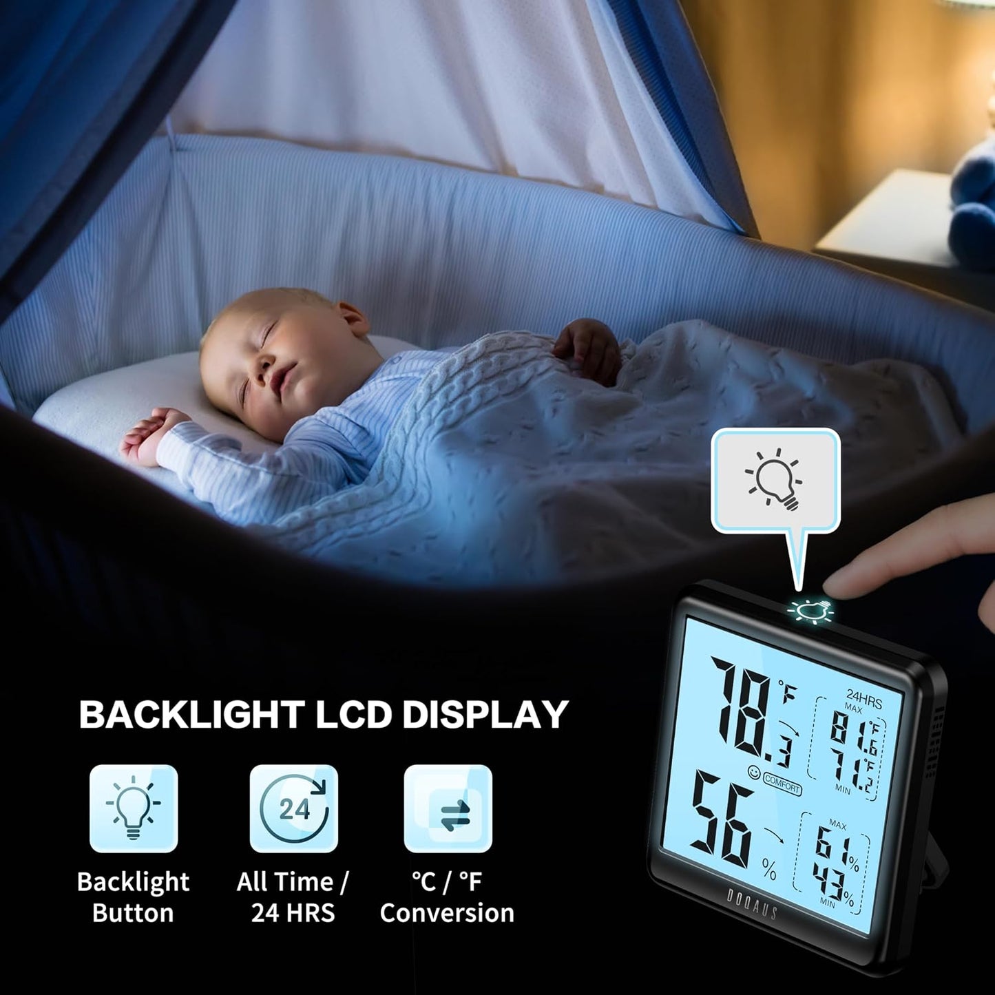 DOQAUS Hygrometer Indoor Thermometer Backlight Humidity Meter Black | 3.05in Large LCD Display, Digital Temperature Humidity Monitor with Max Min Records for Home, Bedroom, Baby Room, Greenhouse
