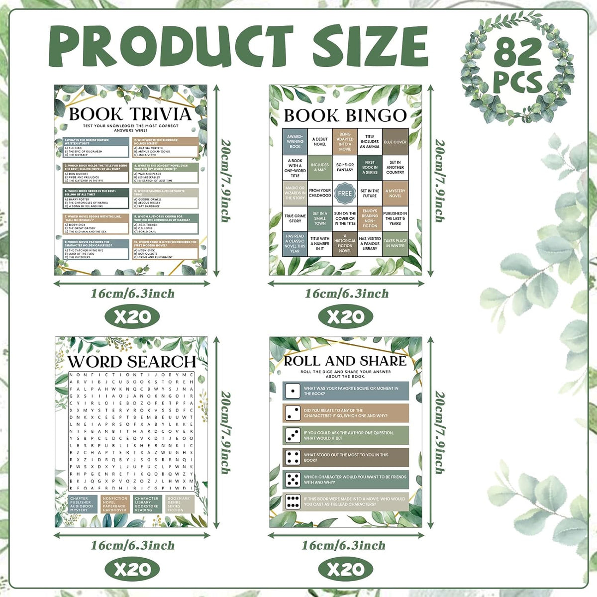 82Pcs Greenery Reading Themed Games Cards for Adults Eucalyptus Book Trivia Bingo Word Search Roll and Share Game Books Lover Party Supplies for School Classroom Book Club Library Activity Birthday