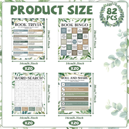 82Pcs Greenery Reading Themed Games Cards for Adults Eucalyptus Book Trivia Bingo Word Search Roll and Share Game Books Lover Party Supplies for School Classroom Book Club Library Activity Birthday