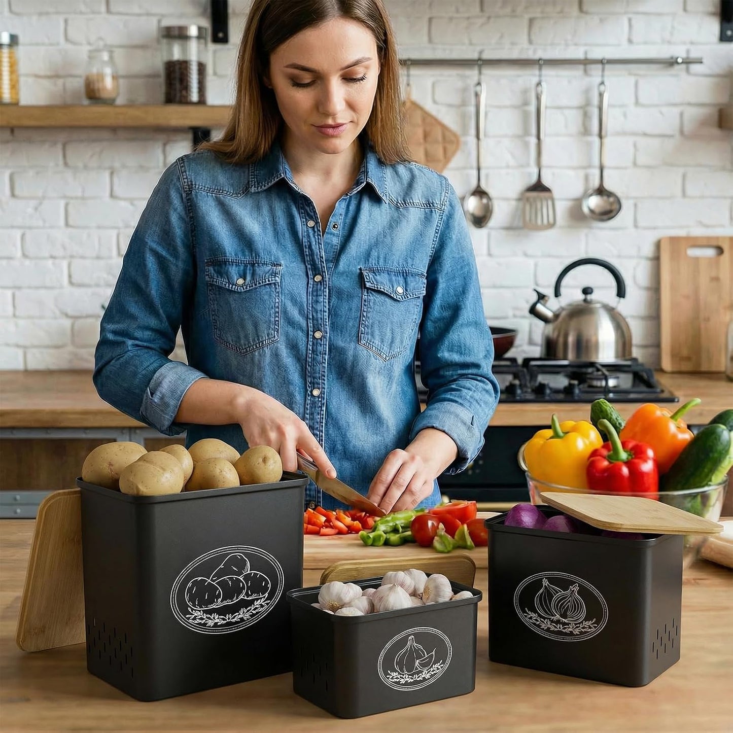 Lifewit Plastic Potato and Onion Storage Bin Box, Set of 3, White | Stackable Garlic Keeper, Vegetable Container Box, Aerating Holes & Lid for Pantry Countertop